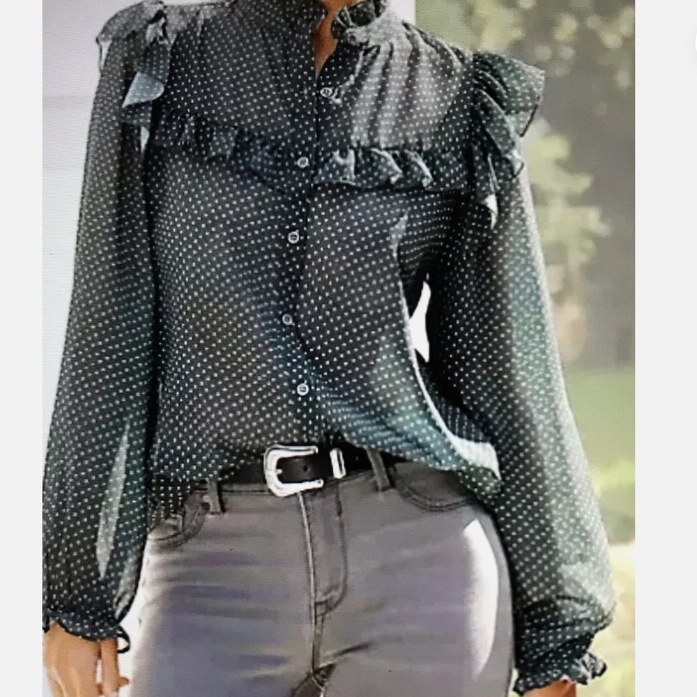 Lascana Green Polka Dot Ruffle High Neck Sheer Button Up Chiffon Blouse Sz 6